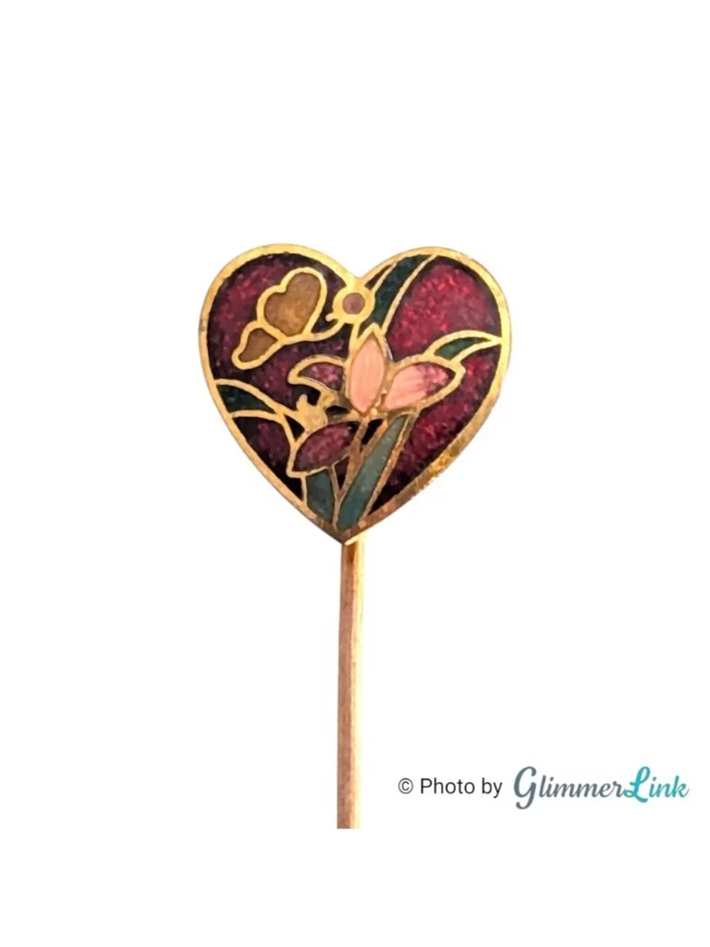 Vintage Heart Shaped Red Cloisonne Floral Butterfly Gold Tone Stick Pin